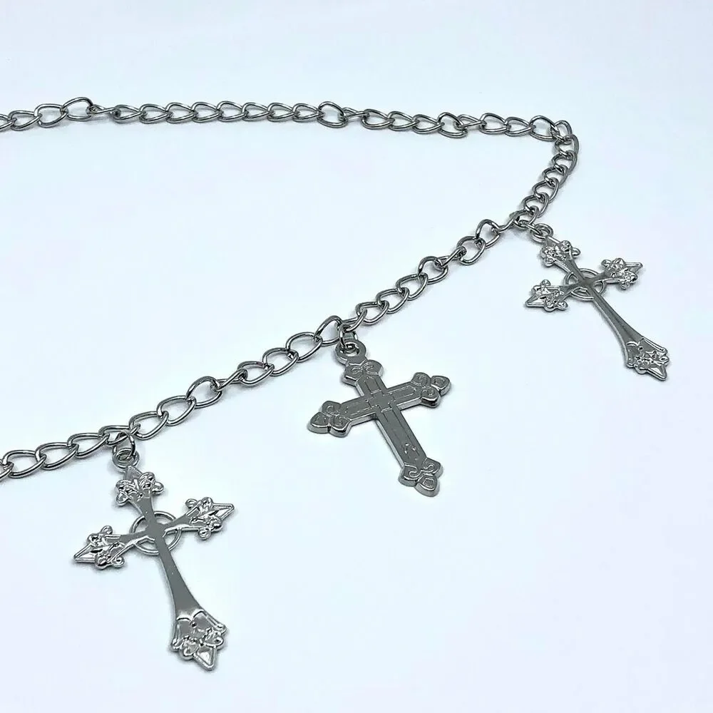 Vintage Y2K Whimsygoth Silver Cross Chain Belt, Fits 19–42 Inches, X7GA1189
